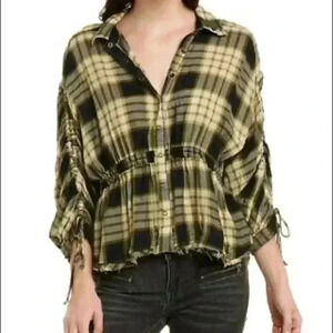 Free People Black Green Plaid Shirt S‎